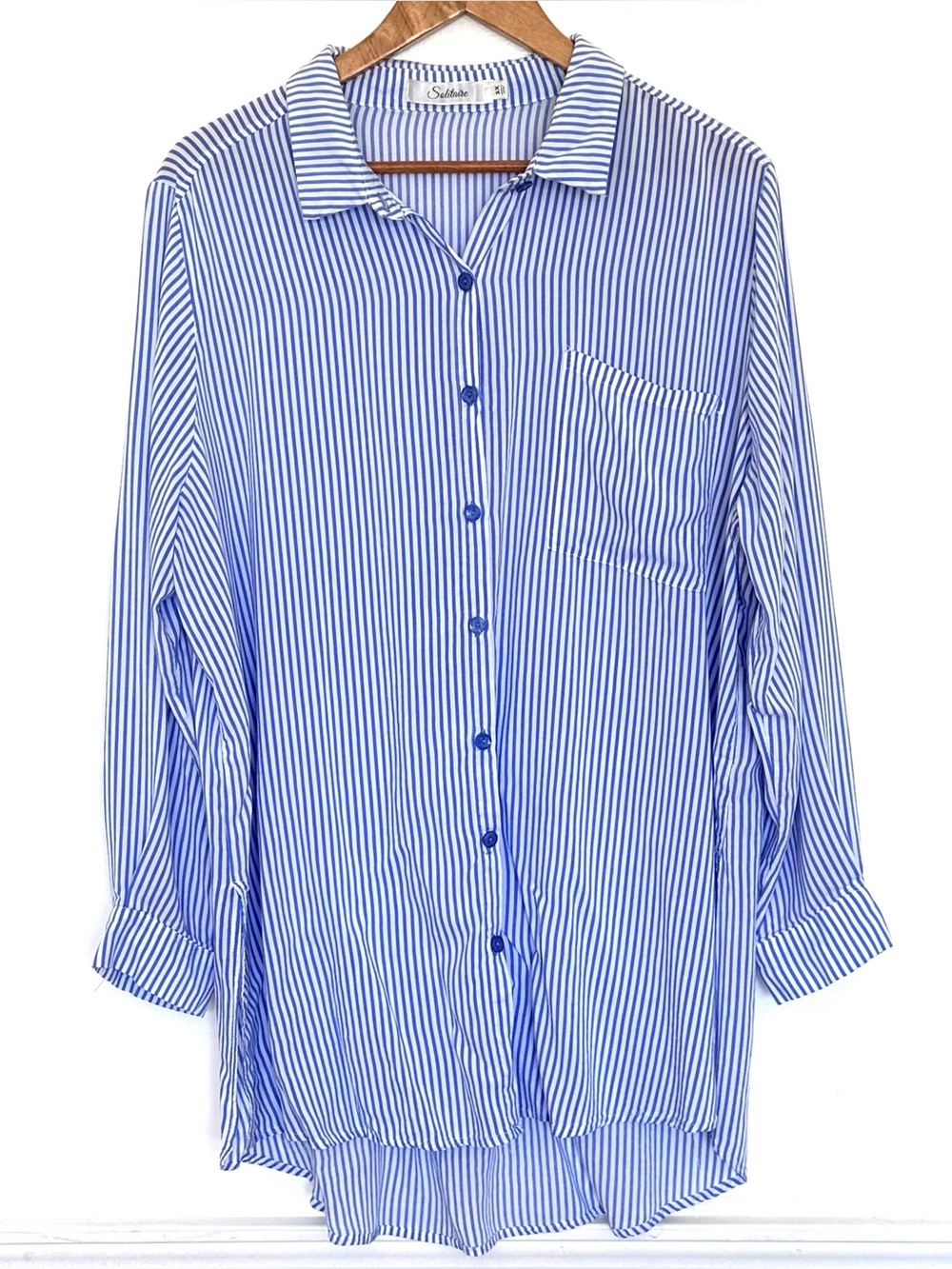 Solitaire Plus Shirt Women’s 2X Blue White Striped Button Up Long Sleeve Pocket